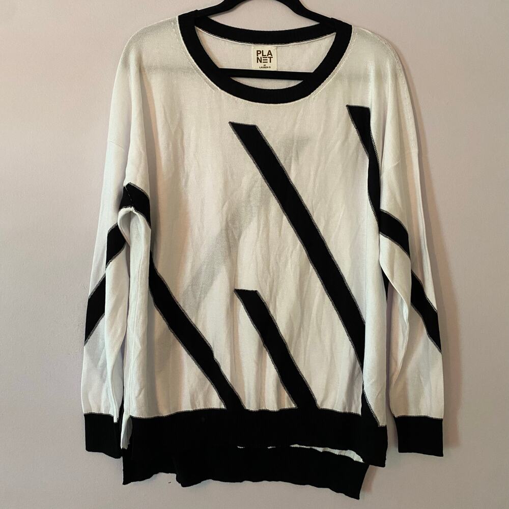 Planet by Lauren G White Black Geometric Stripe Crewneck Sweater Cotton One Size